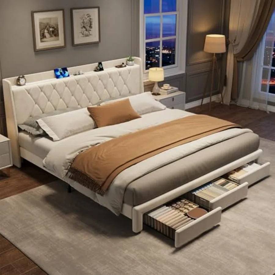 King Size Velvet Upholstered P - King Size Bed Frame With Storage Drawers review and price