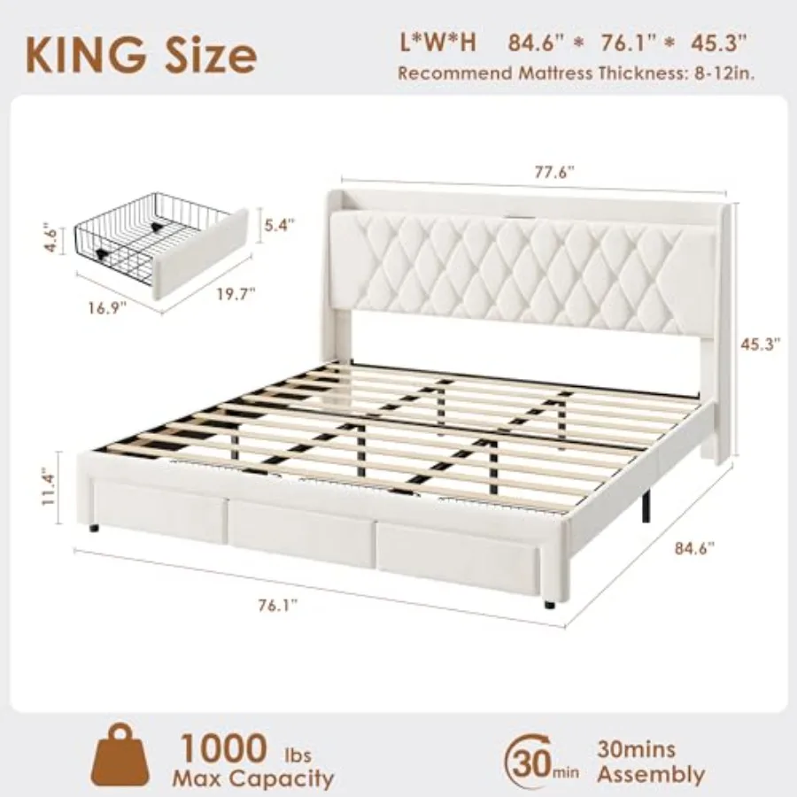 King Size Velvet Upholstered P - King Size Bed Frame With Storage Drawers review and price