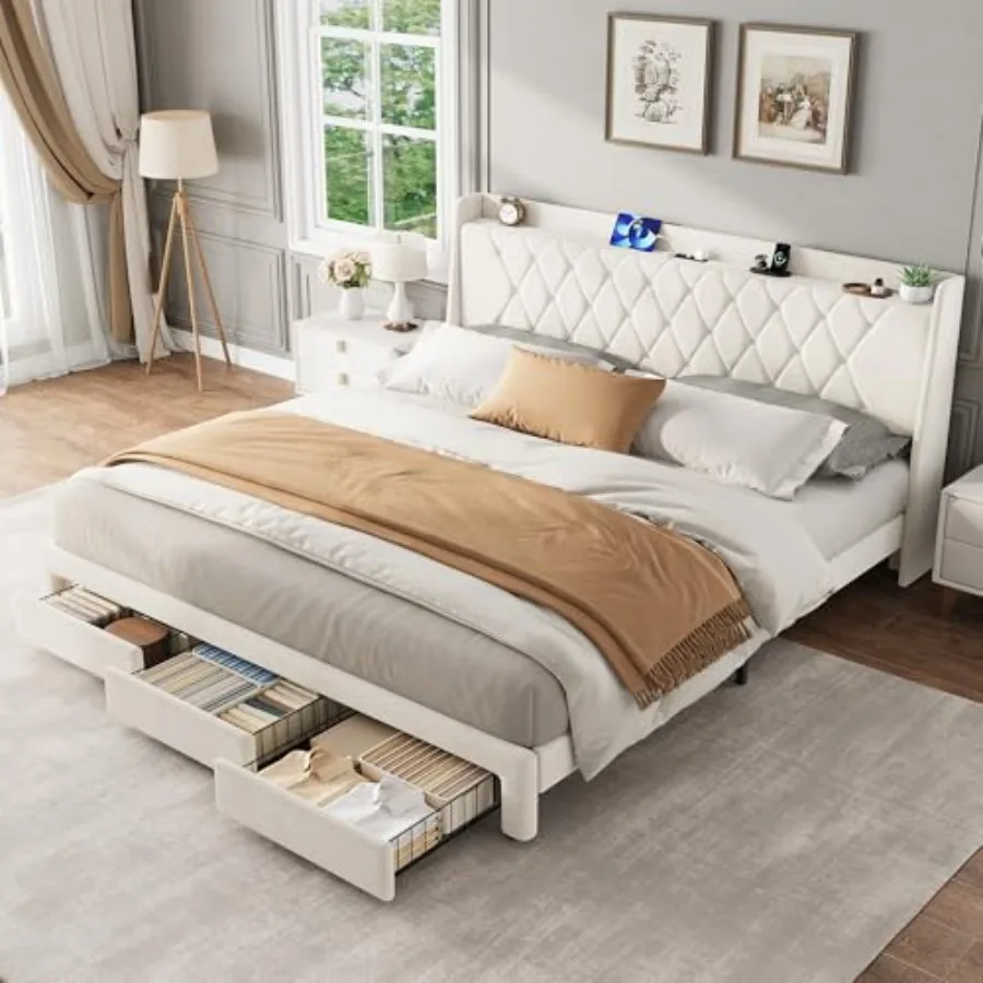 King Size Velvet Upholstered P - King Size Bed Frame With Storage Drawers review and price