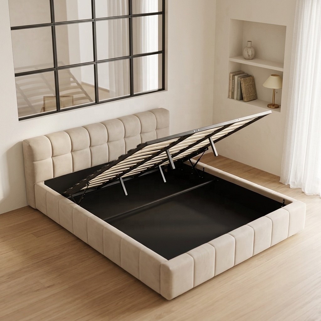 ^ Modern Tufted Soft Bed with  - Gas Lift Storage Bed Hydraulic review and price